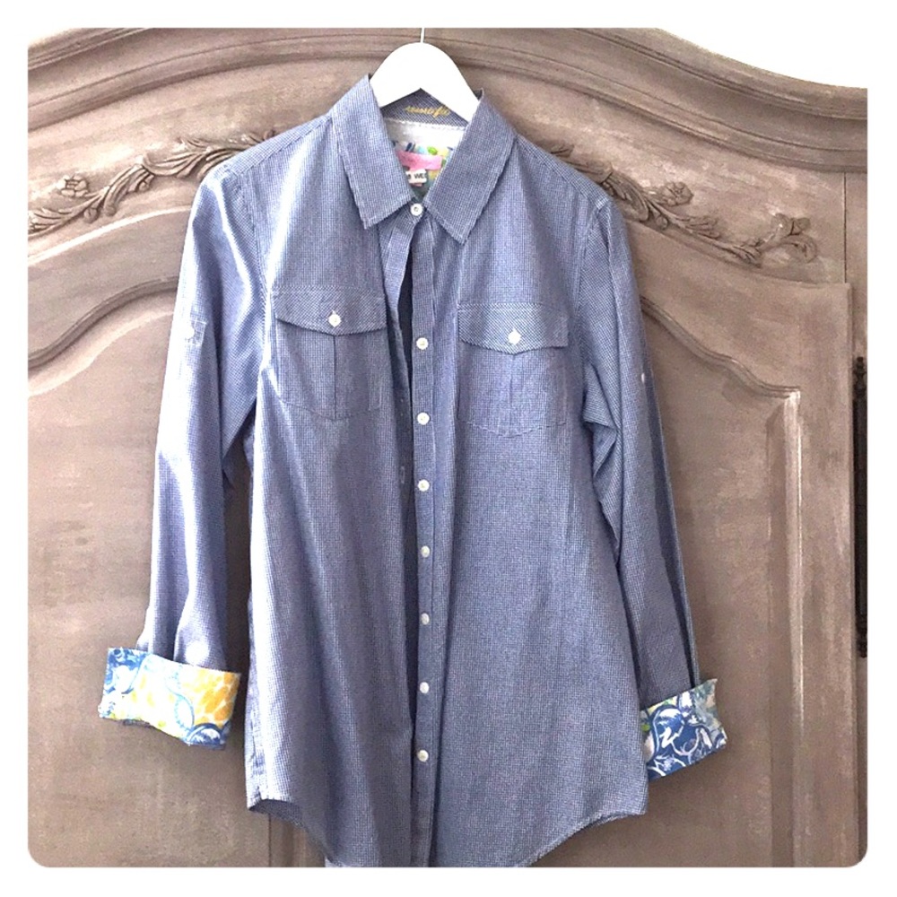 Lilly Pulitzer blue gingham camp shirt, Size Lg